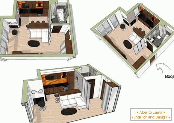 Plán malého bytu o rozloze 34 metrů čtverečních. m.