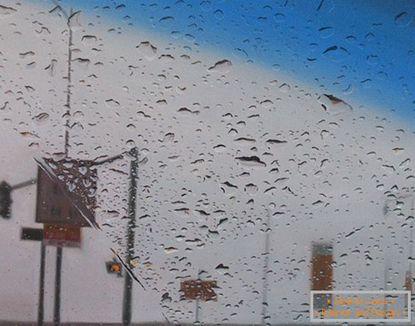 Pohled z auta v dešti, olejomalba