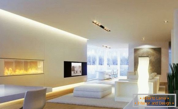 Horizontální osvětlení stěn v ultramoderním obývacím pokoji
