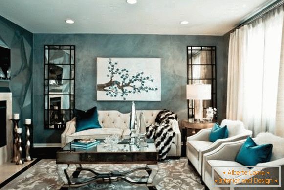 Chic designový obývací pokoj s bílým nábytkem - foto s modrou