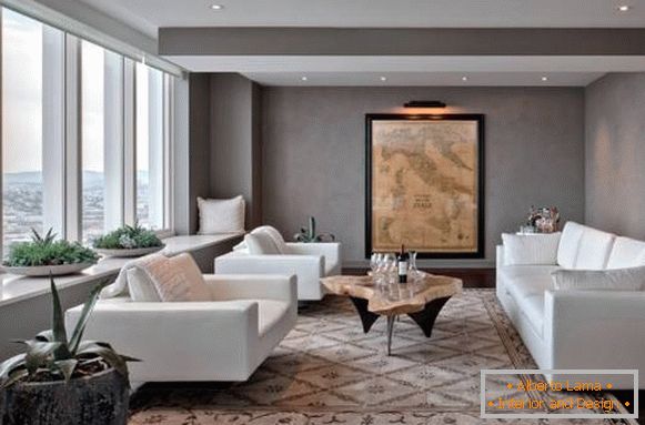 Návrh obývacího pokoje s bílým nábytkem - fotka se šedými stěnami