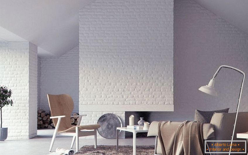 Bílé cihly na stěnách obývacího pokoje
