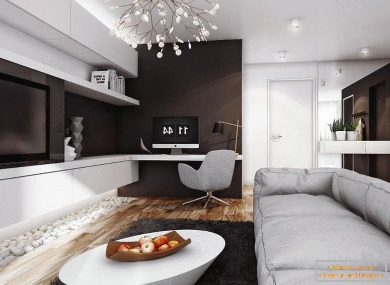 Obývací pokoj s bílo-hnědými stěnami