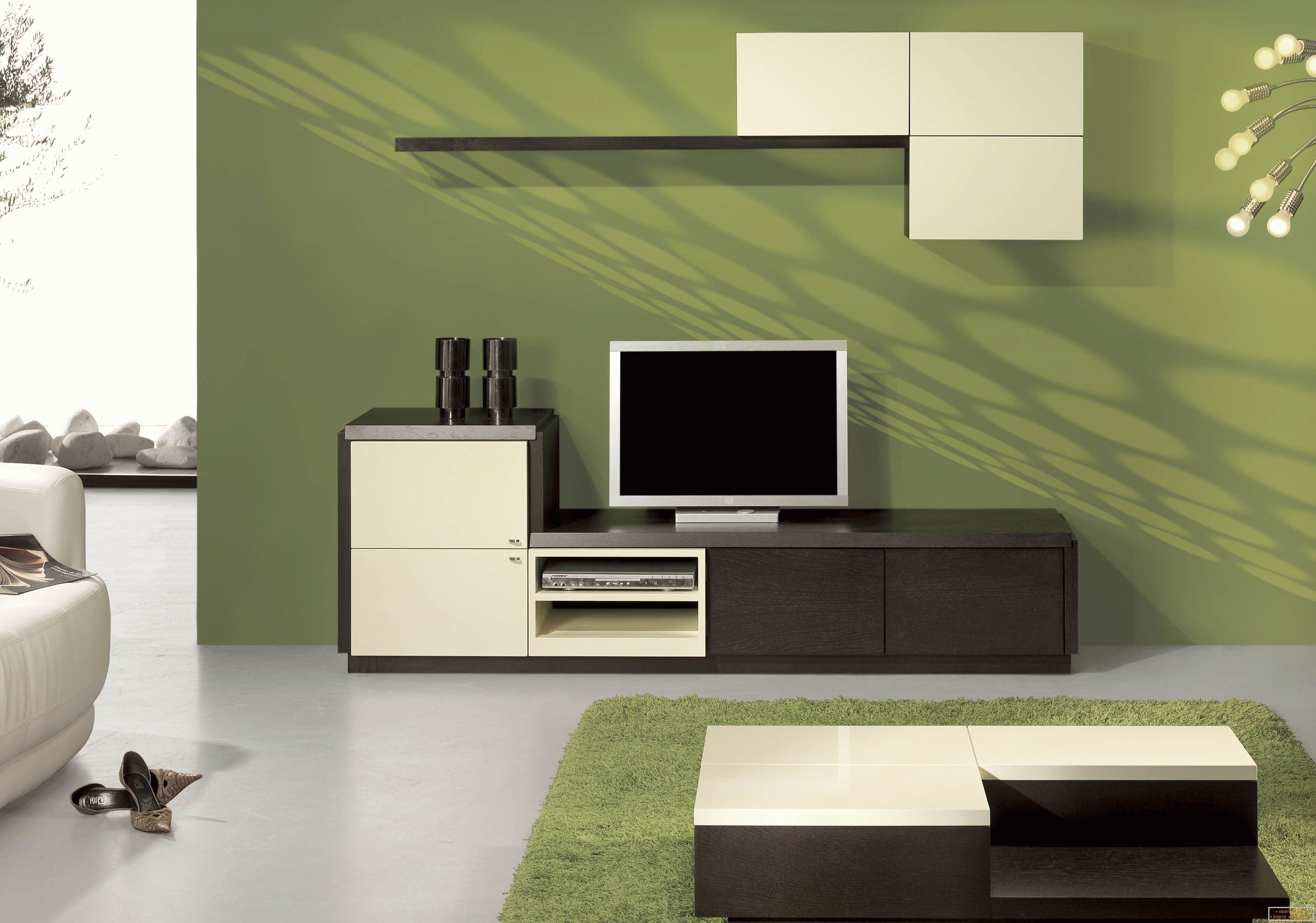 Olivový, bílý a čokoládový v designu obývacího pokoje