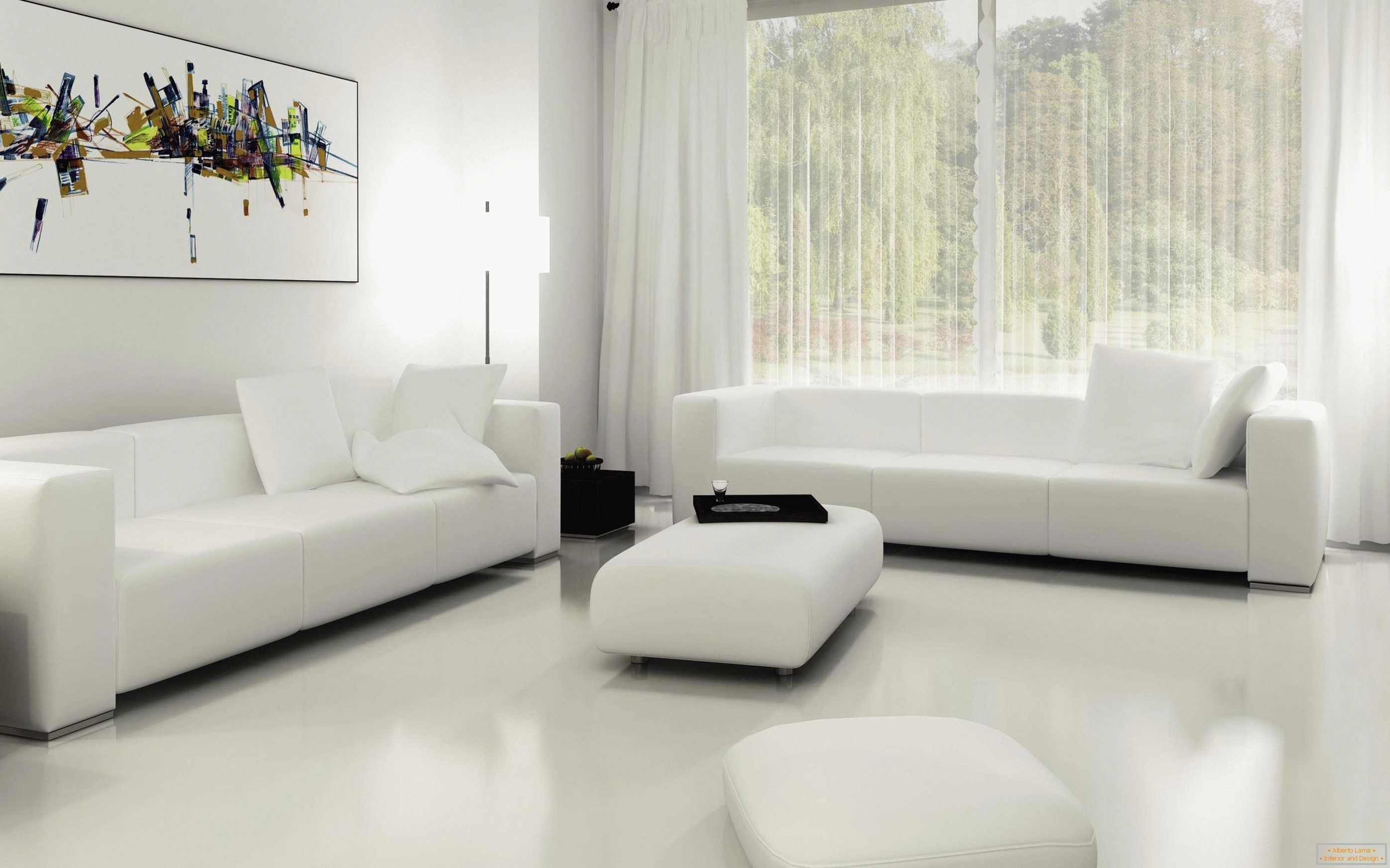 Bílá obývací pokoj s oknem v podlaze