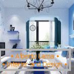 Bílá podlaha v kombinaci s modrými odstíny dokončovacích materiálů a interiérových předmětů