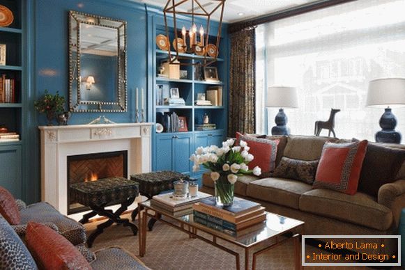 Indigo nábytek a dekor v designu obývacího pokoje