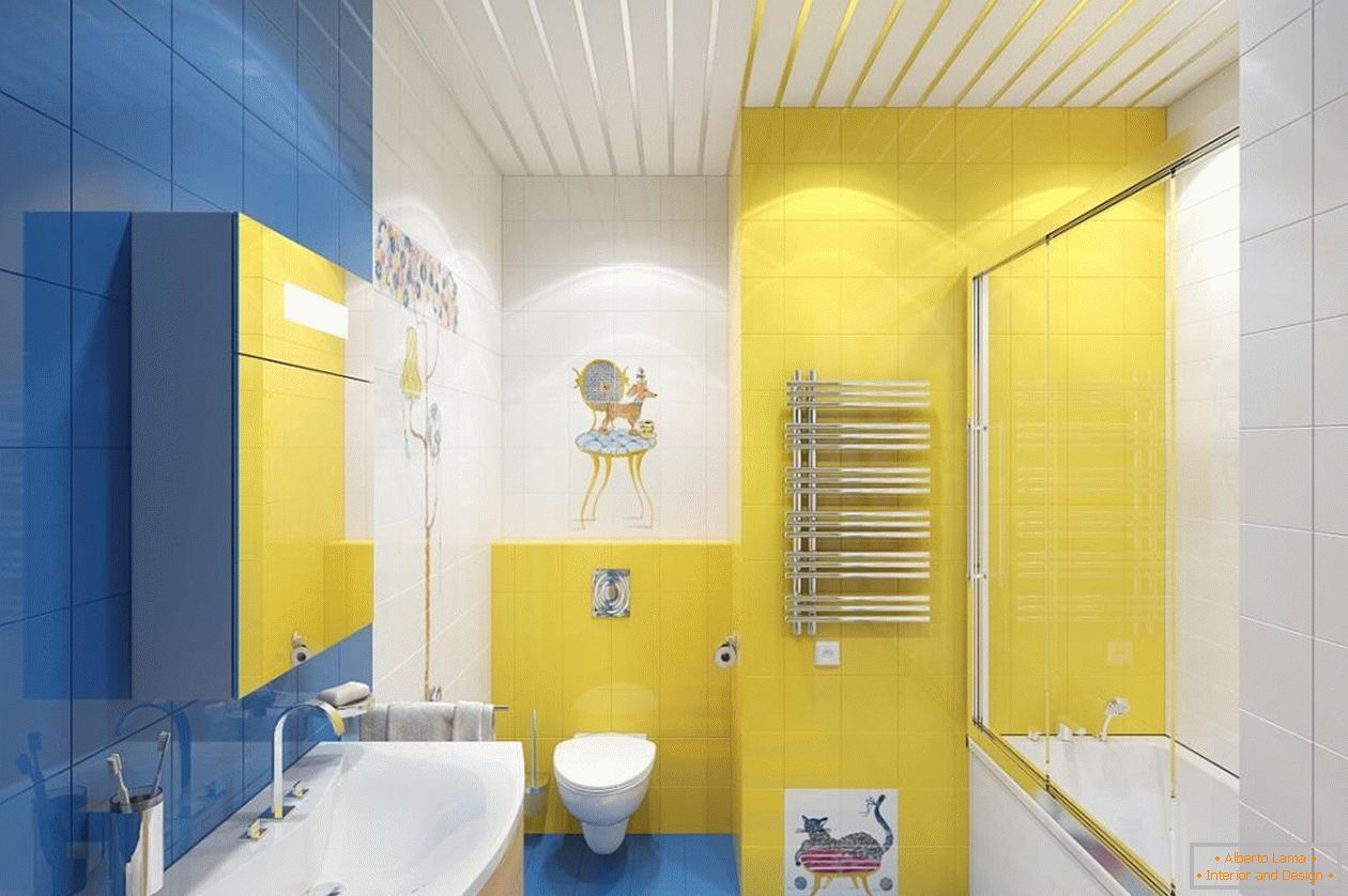 Modrá, žlutá a bílá v interiéru koupelny