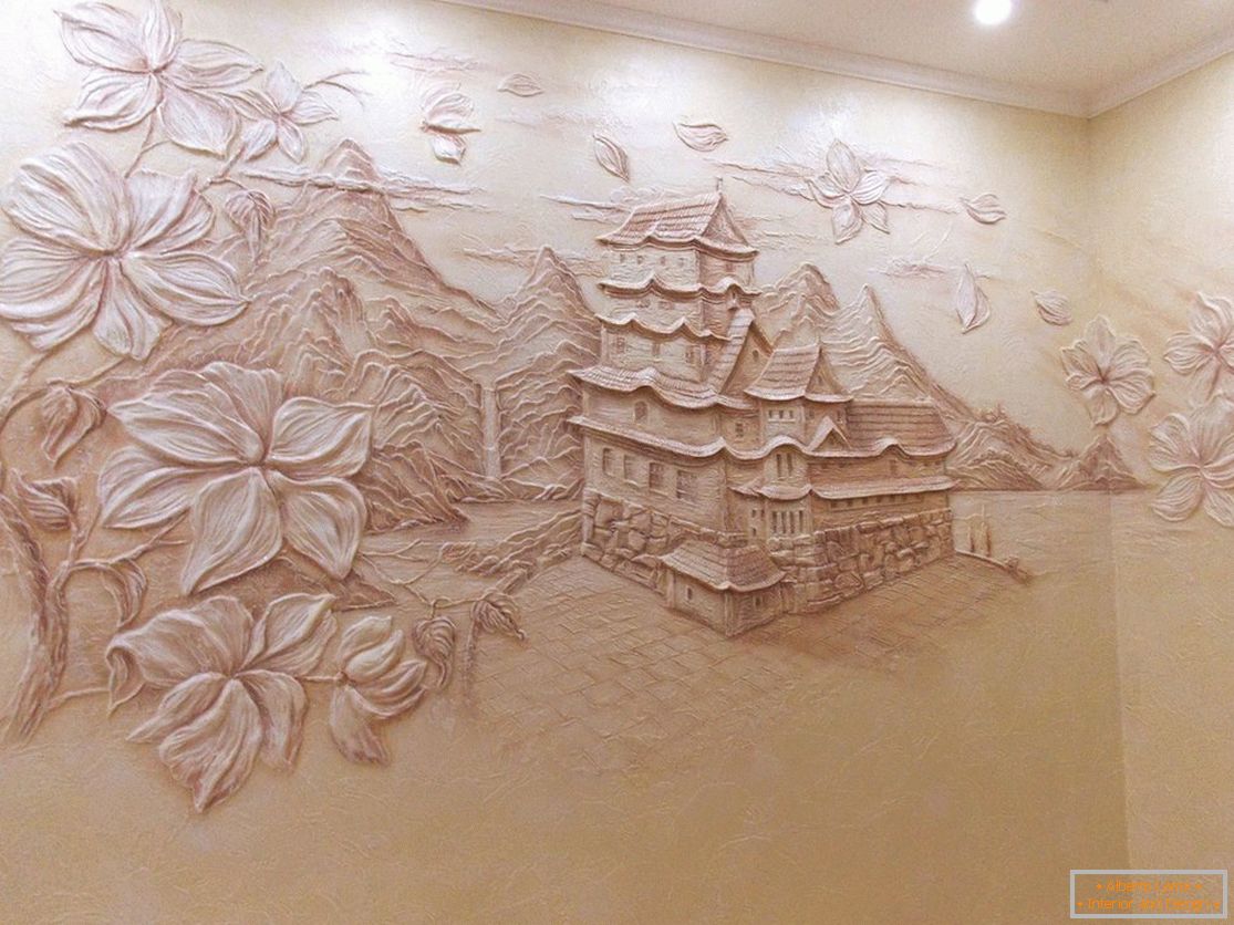 Objemová kresba s domem a stromy z dekorativní omítky