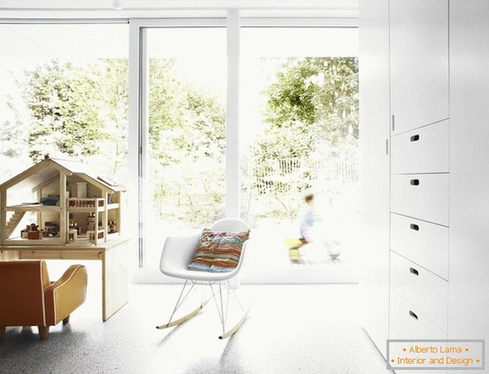 Podlaha a stěny v dětském pokoji v minimalistickém stylu by měly být monofonní. Jako osvětlení je nejlepší použít malý stropní lustr nebo LED bodové osvětlení. 