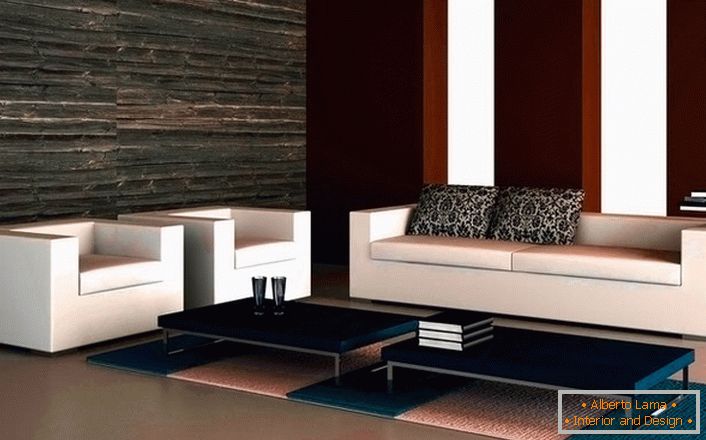 Designový projekt obývacího pokoje ve špičkovém stylu. Lakonická pohovka se dvěma křesly vypadá harmonicky v minimalistickém stylu. 