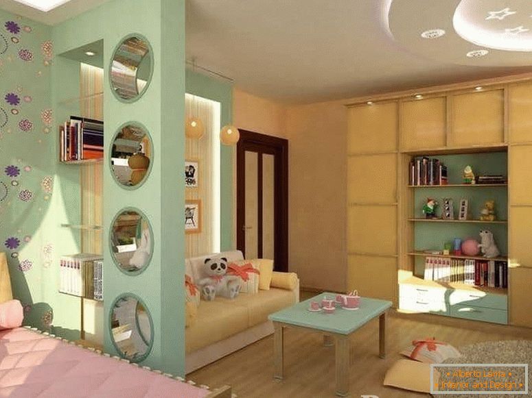 Dětský pokoj a obývací pokoj v jedné místnosti jsou odděleny sádrokartonovými přepážkami