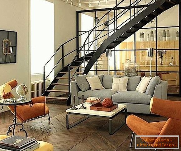 Moderní kuchyňský design obývacího pokoje se schodištěm v soukromém domě