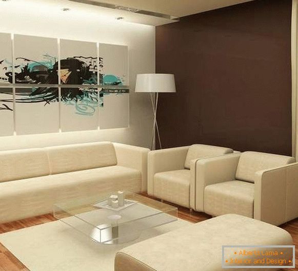 Návrh moderního obývacího pokoje v soukromém domě s bílým čalouněným nábytkem