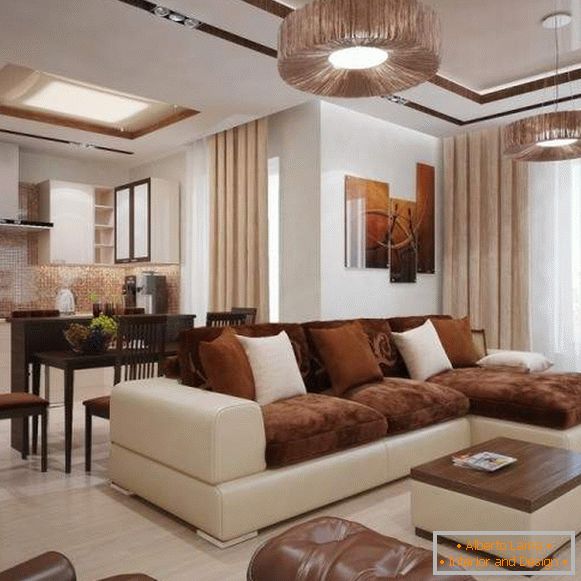 Moderní design obývacího pokoje v soukromém domě v bílé a hnědé barvě
