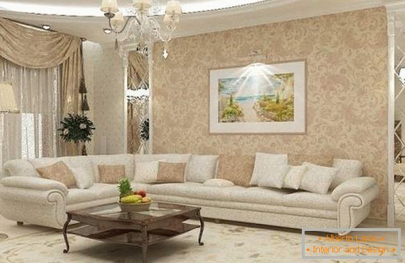 Klasický design obývacího pokoje v soukromém domě v bílé a béžové barvě