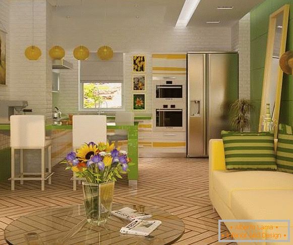 Design kuchyně obývacího pokoje v soukromém domě v moderním stylu - nápady z roku 2017