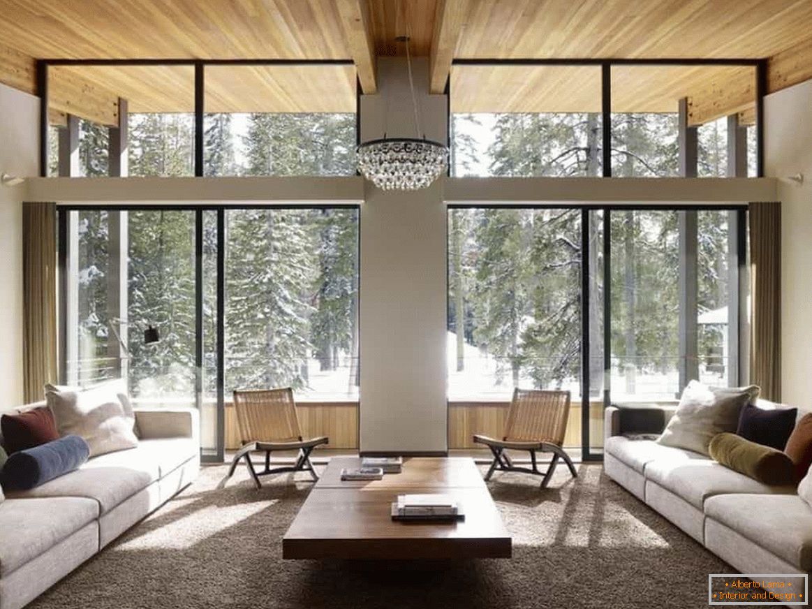 design obývacího pokoje v dřevěném domě