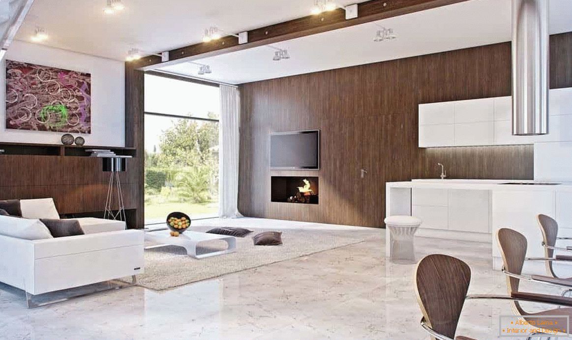Obývací pokoj může být zdoben v moderním stylu a v dřevěném domě