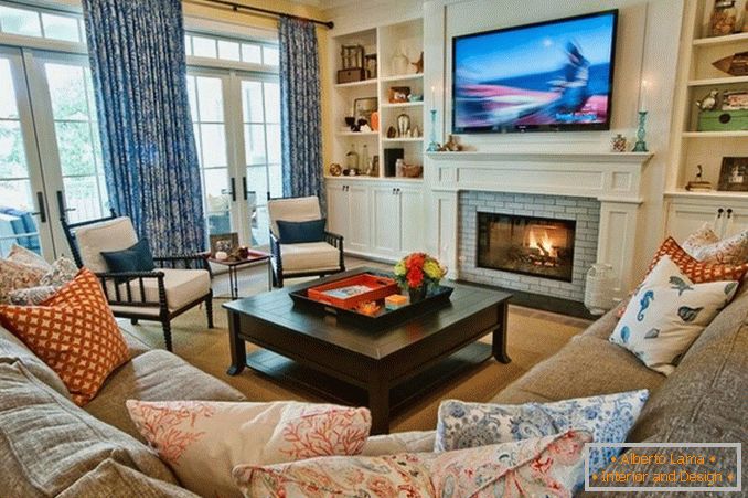 Návrh obývacího pokoje s krbem a TV