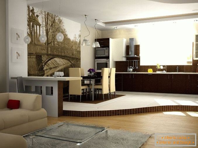 Obložení obývacího pokoje v různých barvách na stěnách a podlahách