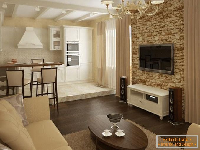 Zónování obývacího pokoje s různou výzdobou podlahy a zdí