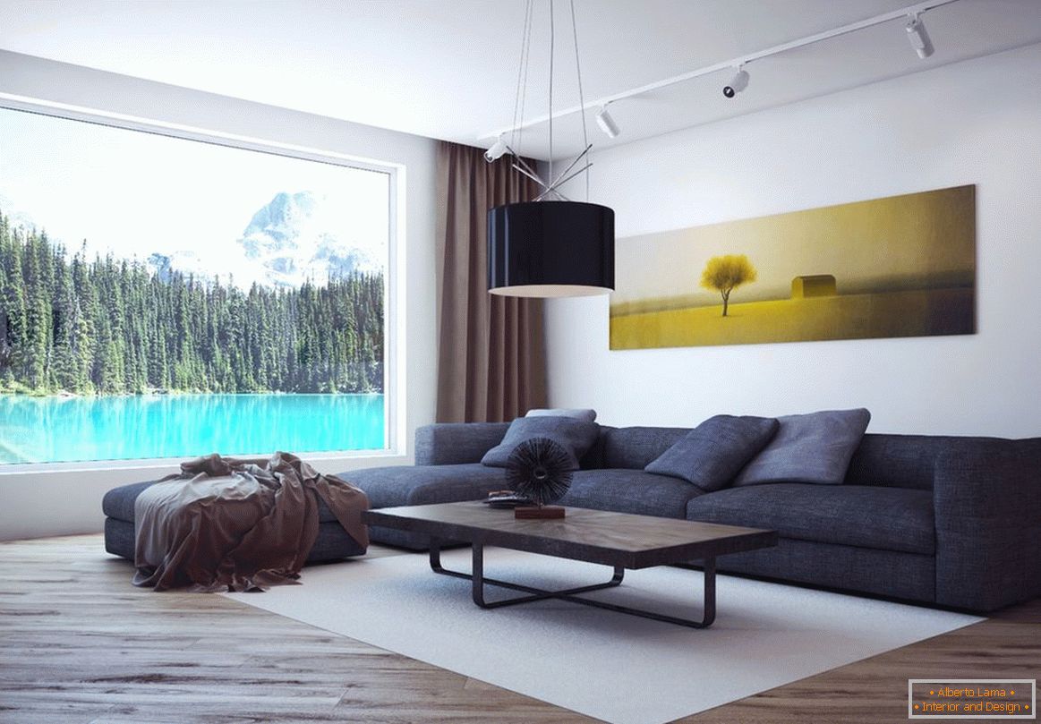 Bílé stěny v obývacím pokoji v minimalistickém stylu