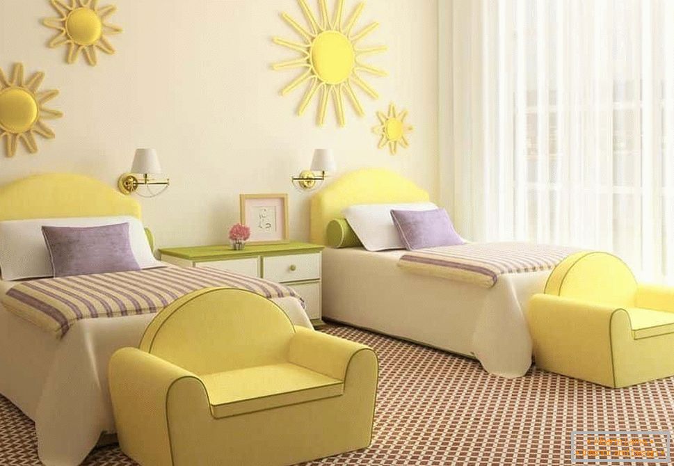 Jasný dětský styl v designu místnosti pro dvě dívky