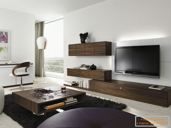 Sada nábytku pro obývací pokoj s barvou wenge vypadá organicky v moderním interiéru.