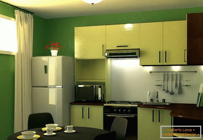 Zelená je barva klidu a harmonie. Kuchyně o rozloze 9 m2 v této barevné schéma - vynikající řešení pro návrh každého městského bytu.