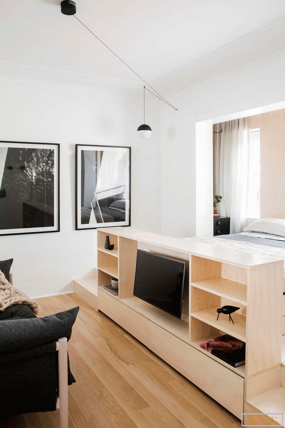 Interiér malého bytu v Sydney - телевизор