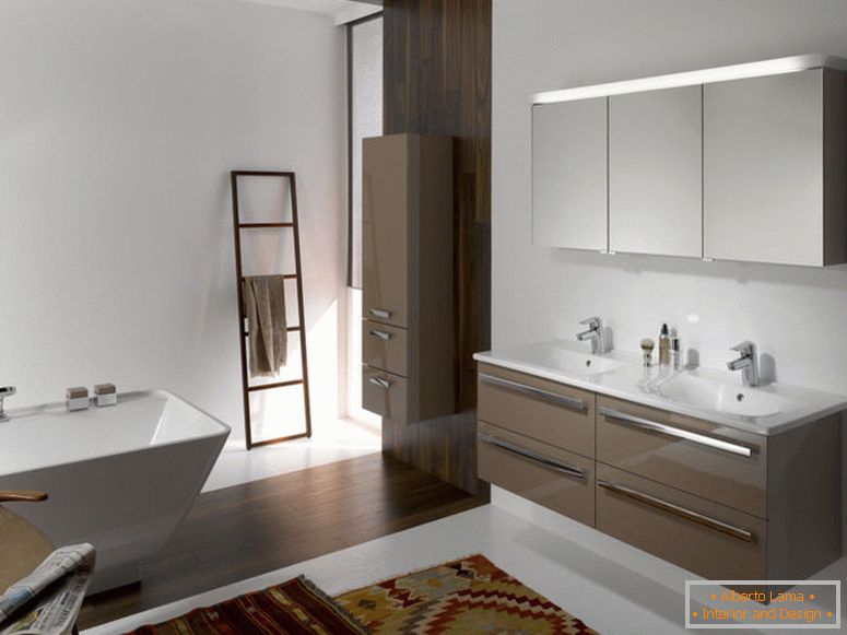 moderní-koupelna-design-nápady-doplňky-interiér-s-hnědé-plovoucí-vanity-skříň-podél-dva-bílé-umývadlo-také-chrom-baterie-plus-na stěnu-obdélník-zrcadlo- bílý-volný-stát-b
