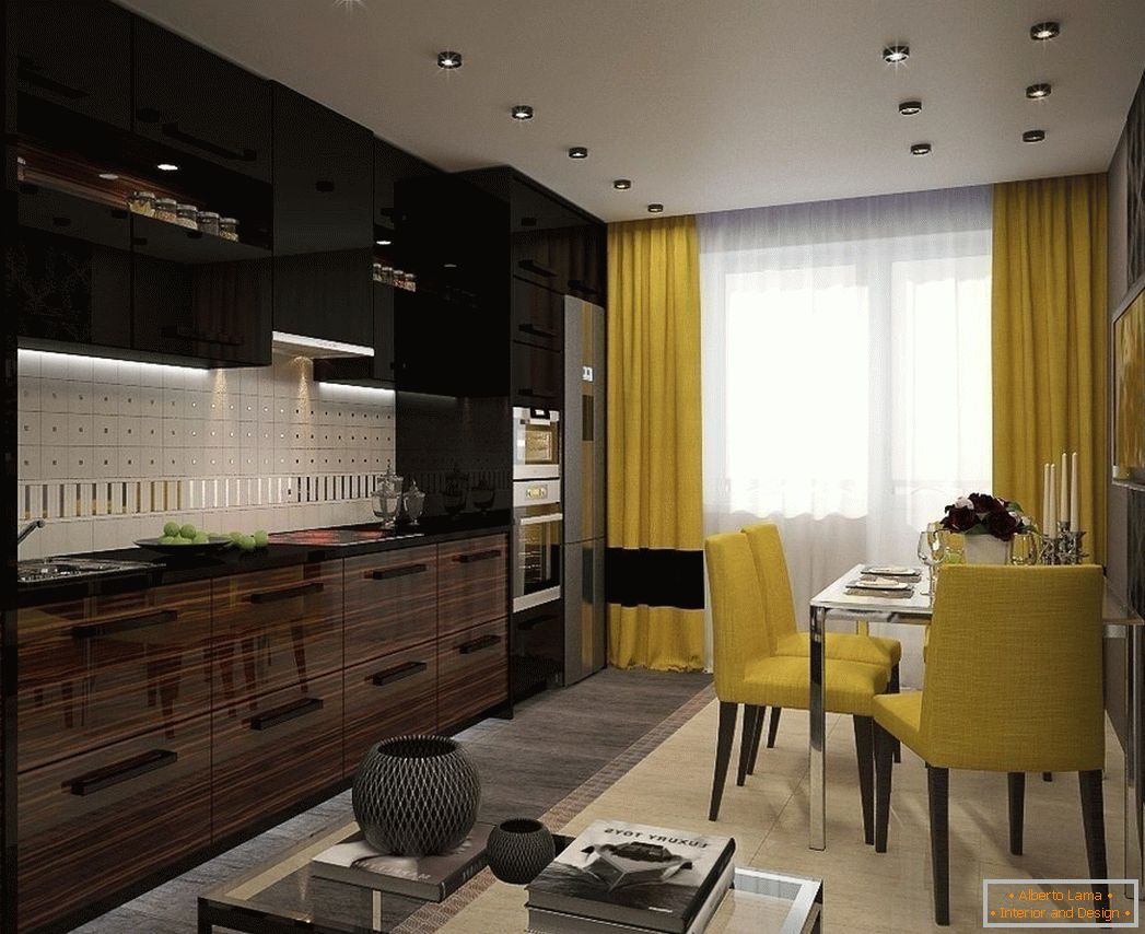 Černý a žlutý interiér kuchyně
