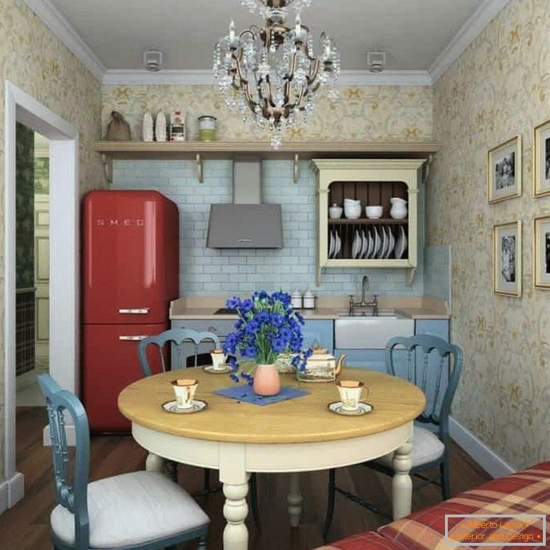 Malá kuchyně v rustikálním stylu s kulatým stolem