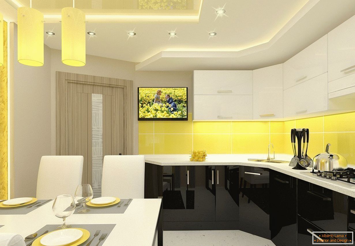 Žlutobílý interiér kuchyně v bytě