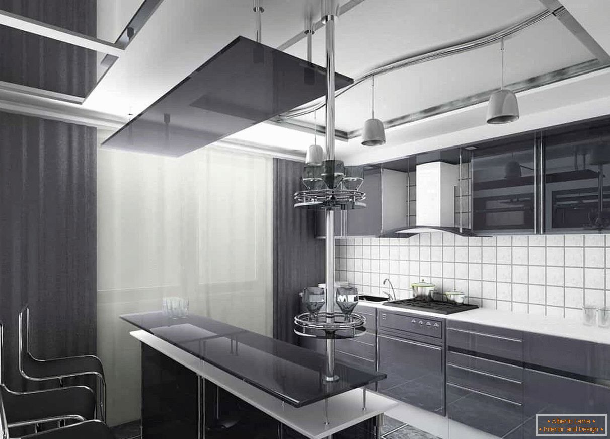 Tmavé závěsy a tmavá fasáda kuchyně v kombinaci s bílou zástěrou a stropem