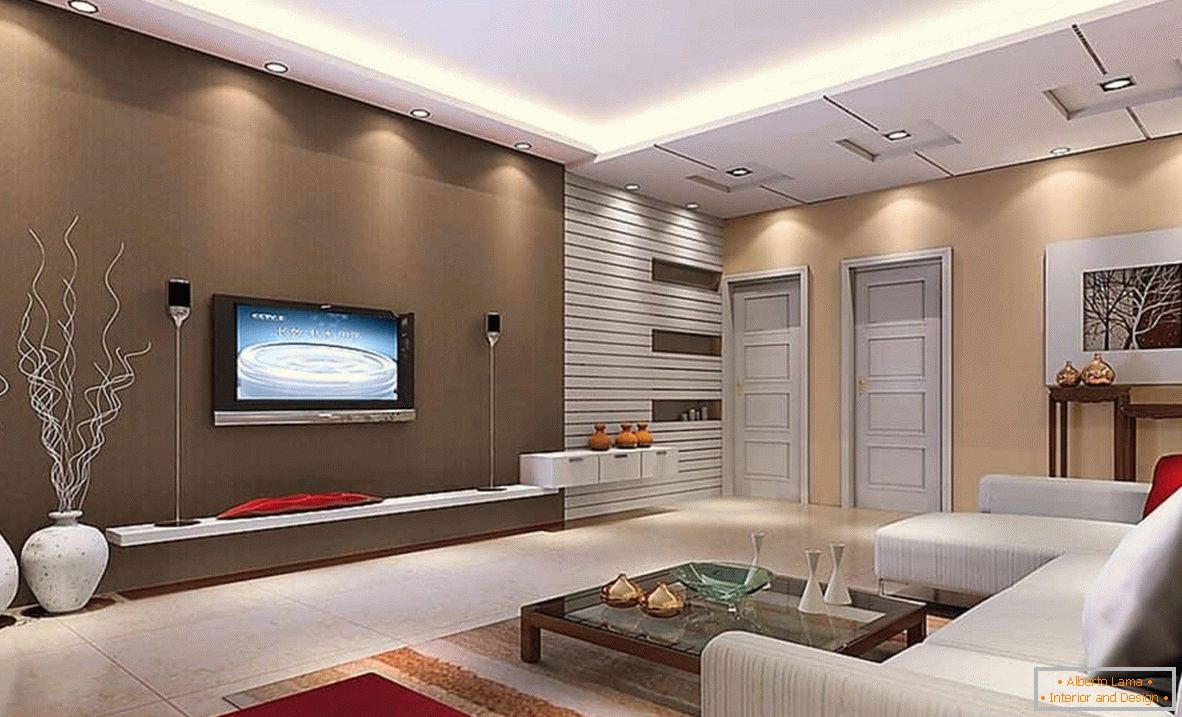 Prostorný obývací pokoj ve tvaru čtverce v high-tech stylu