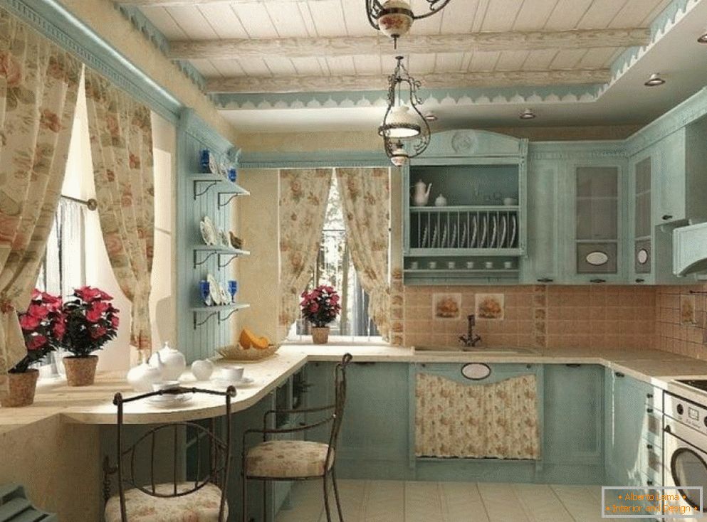 Kuchyňský dekor s trámy a textilem