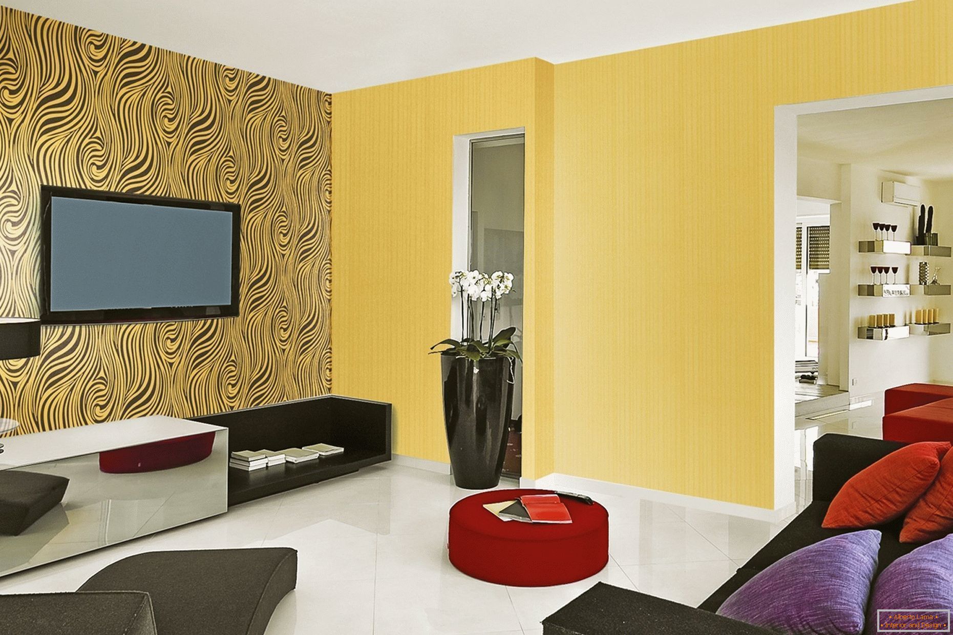 Žluté stěny a bílá podlaha v obývacím pokoji