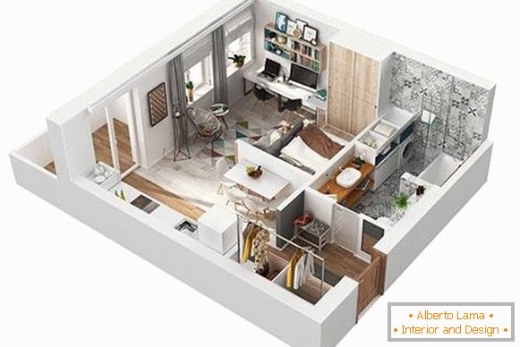 Projekt 3D projektu jednopokojového bytu 40 m2