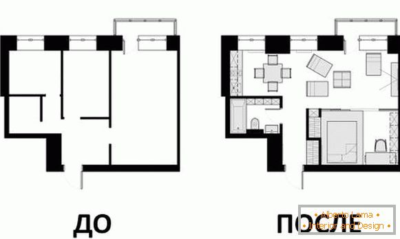 Návrh designu bytu 40 m2 - kreslení před a po