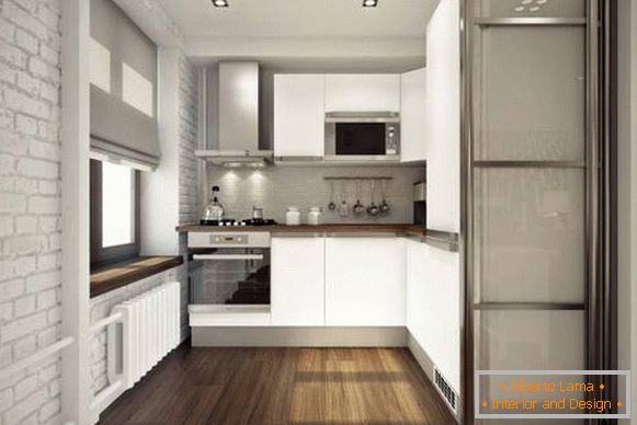 Malá kuchyně v designu dvoupokojového bytu o rozloze 45 m2