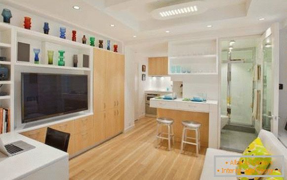Obývací pokoj, kuchyň a koupelna v designu bytu 40 m2 foto