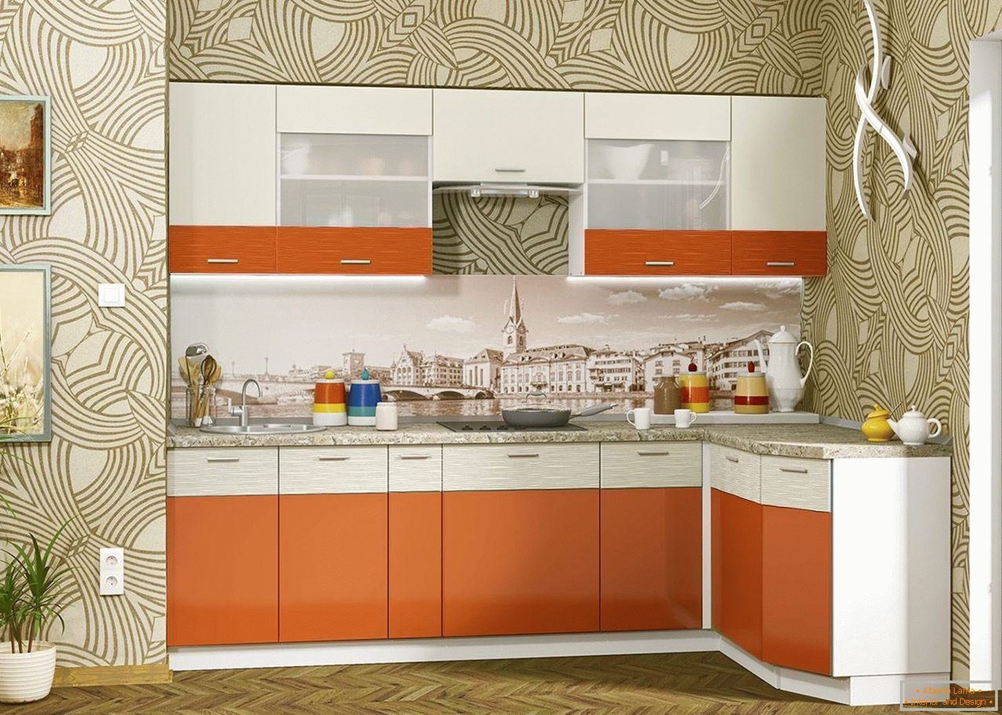Kompaktní kuchyně v oranžové barvě