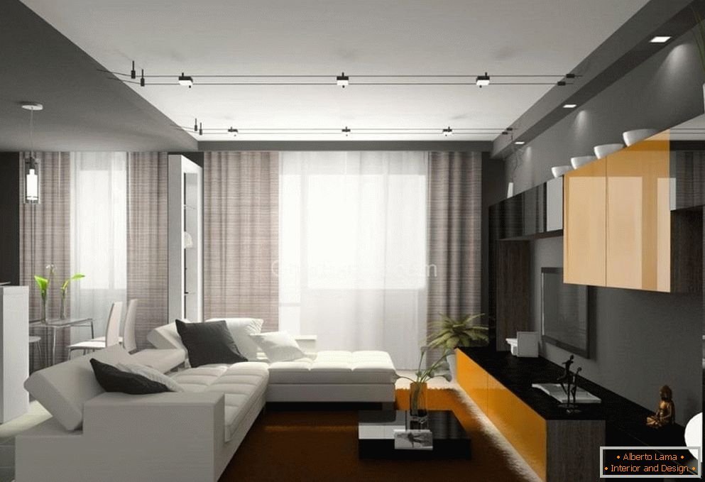 Bílá pohovka a hnědý koberec v obývacím pokoji