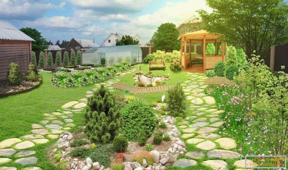 Zahrada s pergolou a kamennými cestami