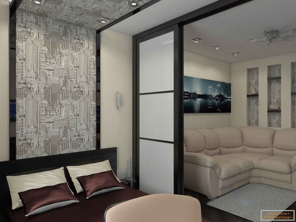 Dispozice ložnice-obývacího pokoje je 18 m2 M s přepážkou