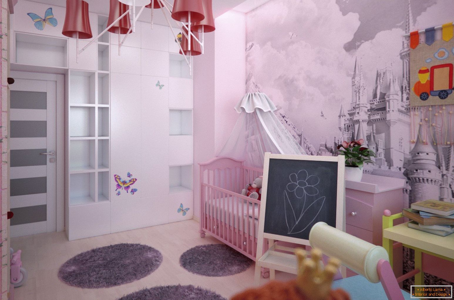 Návrh interiéru dětského pokoje dívky se zámkem