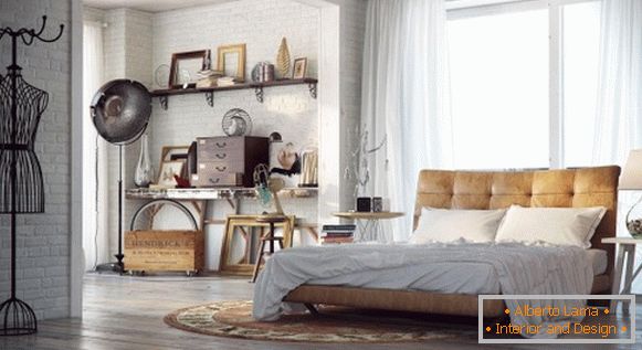 Vintage ložnice s koženou postelí