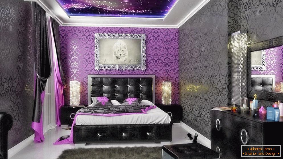 Černá a fialová tapeta v ložnici